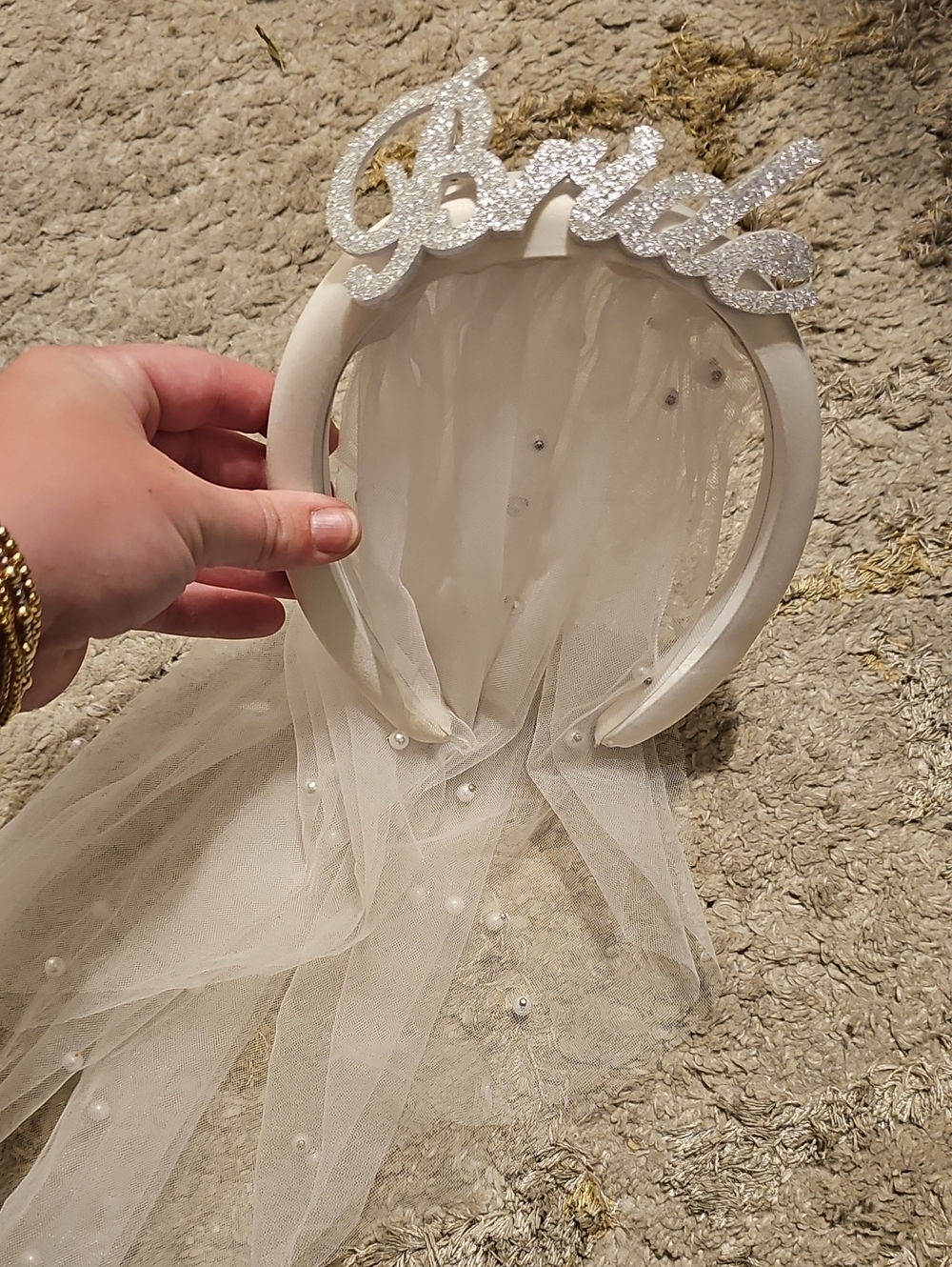 Bride Sparkle 'Bride' Headband with Pearl Veil - White